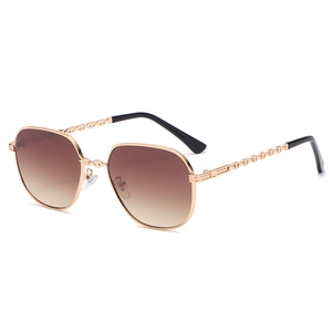 Chic small square sunglasses with gold metal frame and hollow chain temple design