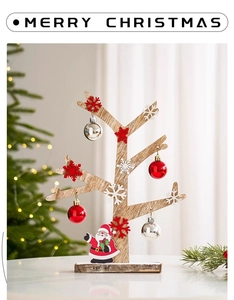 Wooden DIY Christmas tree desk ornament with red snowflakes and Santa figurine