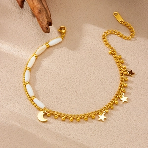Double-layer gold stainless steel anklet with white rice beads and star moon charms