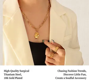 Detail of 18k gold plated titanium steel double layer necklace and rings set on model
