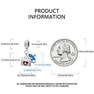 Size chart for medical charm with box and stethoscope next to a coin for scale