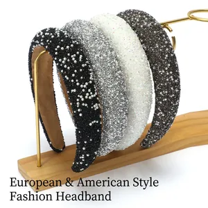 Fashion Wide Padded Headband For Women Rhinestone Faux Artificial Pearl Sparkling Hair Hoop Non Slip Thickened Makeup Headwear