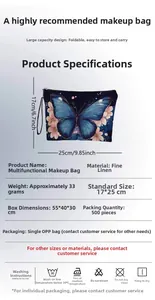 Linen butterfly makeup bag 25x17cm detailed size specifications and fabric texture