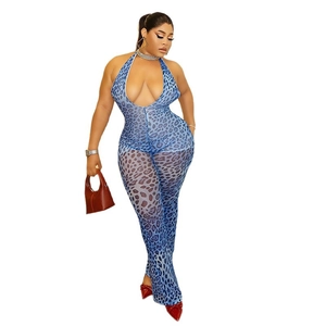 Blue leopard print mesh bodysuit featuring a halter neck and slim fit for women