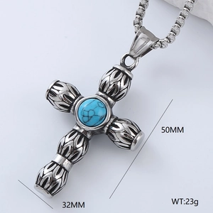 Vintage silver stainless steel cross necklace with a blue turquoise stone inlay for men