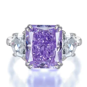 925 Sterling Silver Radiant Cut Rectangle Purple Yellow Rhinestone Ring For Women Vintage Elegant Party Jewelry Flower Ring