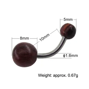 Surgical steel belly button ring with brown wood beads and detailed size measurements