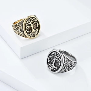 Vintage Tree of Life stainless steel rings in gold and silver finish with carved textures
