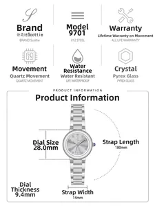 Détails de montre à quartz argentée avec cadran romain de 28mm et bracelet en acier