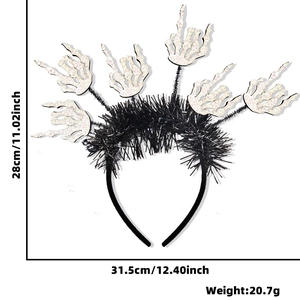 Detailed size chart for Halloween skeleton hand headband with 28cm height and 31.5cm width