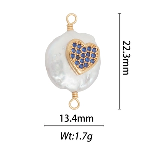 Baroque pearl pendant with gold heart inlay and blue zircons, height 22.3mm, weight 1.7g