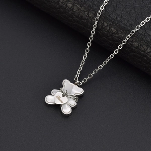 Silver stainless steel bear necklace with white shell inlay and heart Love pendant