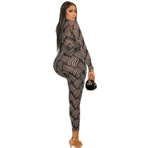 Women's slim fit two-piece set with striped print and high neck long sleeve top