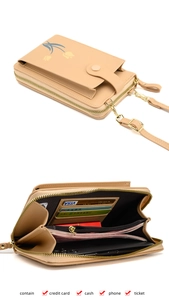 Vertical floral phone bag with tulip print, interior card slots and cash compartments