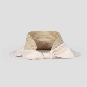 Detail of woven straw sun hat with beige texture and elegant white plaid bow
