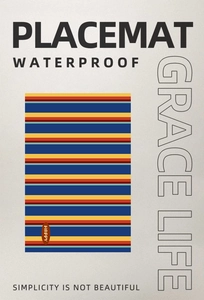 Close-up of waterproof multi-color striped leather placemat with Happy tag detail