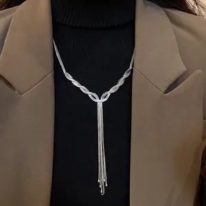 Silver Tone Copper Y-Shape Necklace Multi-Layer Tassel Woven Twisted Chain Minimalist Elegant Jewelry For Women