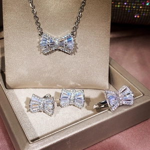 Butterfly Bow Jewelry Copper Cubic Zirconia Necklace Stud Earrings Ring Elegant Fashion Accessory For Women Silver Tone