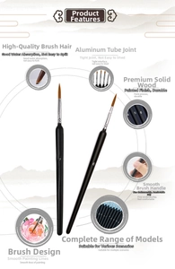 Detailed view of fine tip nylon paint brushes with black matte triangular wooden handles