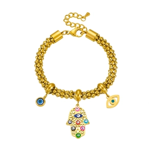 Gold Hamsa Hand and Evil Eye charm bracelet with colorful enamel beads and ball chain