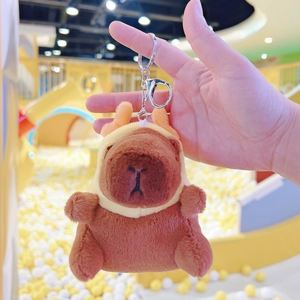 Detailed view of plush capybara keychain featuring yellow antlers and silver metal clasp