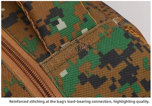 Close-up of reinforced stitching and durable zipper on camouflage tactical backpack