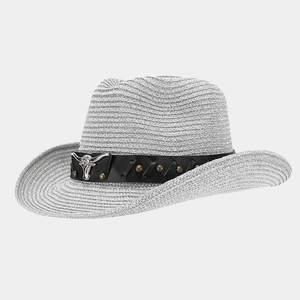 Silver-gray woven western cowboy hat featuring a leather band with metal bull skull emblem