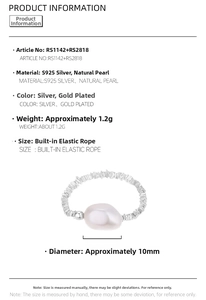 Detail view of 10mm baroque pearl elastic ring with S925 sterling silver beads