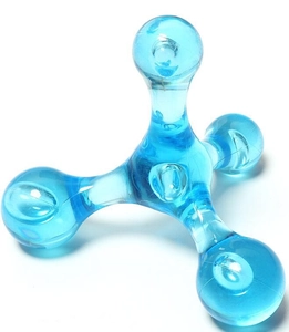 Close-up of translucent blue five-row roller massager showing three-claw plastic texture