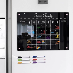 Magnetic acrylic weekly planner with 6 colorful dry erase markers on white fridge