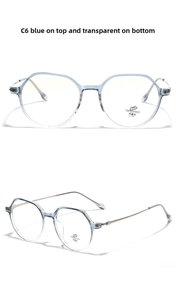 Detail of TR90 geometric frame with blue-to-transparent gradient and metal temples
