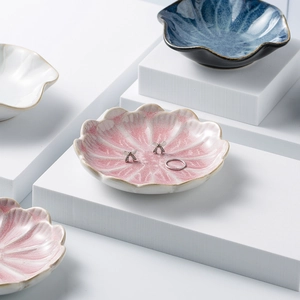 Lotus leaf shaped ceramic jewelry trays in pink and blue for rings and earrings