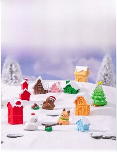 Miniature Christmas resin house set with reindeer and snowman for DIY holiday landscape