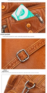 Detail of adjustable strap, gold hardware and spacious compartments on brown leather bag