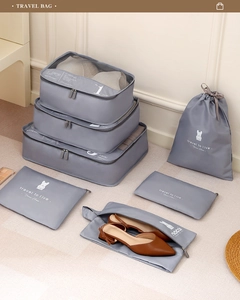 Detail of grey travel luggage organizers set showing various mesh bags and pouches