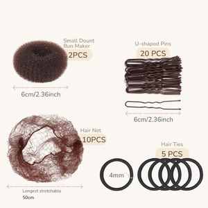 Detailed specs for 4-piece hair styling set including bun maker, pins, nets and ties