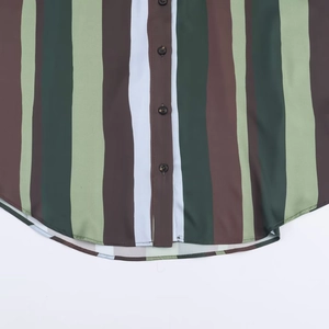 Women's casual striped satin shirt featuring green and brown vertical patterns with buttons