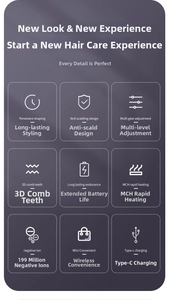 Detail icons showing MCH heating, 3D comb teeth and ion technology of the cordless styler