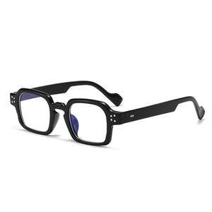 Minimalist square black frame sunglasses with light blue lenses and rivet details