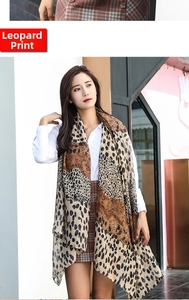 Detail showing the leopard print pattern and drape of the thin oversized silk scarf