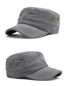 Side view of gray washed cotton cadet cap showing metal eyelets and vintage texture