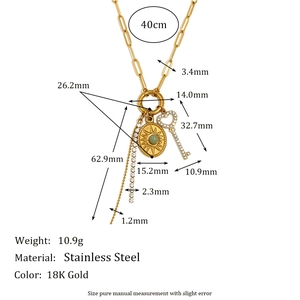 18K gold plated stainless steel multi-pendant necklace with paperclip chain and charms