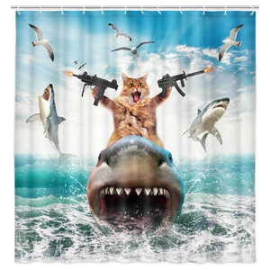 Funny cat riding shark polyester shower curtain with waterproof digital print for bathroom