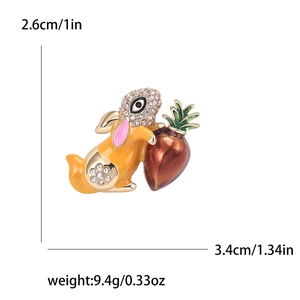 Cute enamel rabbit hugging carrot brooch with rhinestones and detailed size dimensions