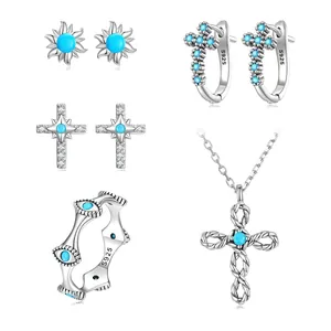 925 Sterling Silver Jewelry Set Women Turquoise Zirconia Cross Sun Evil Eye Stud Earrings Ring Necklace Vintage Fashion Jewelry