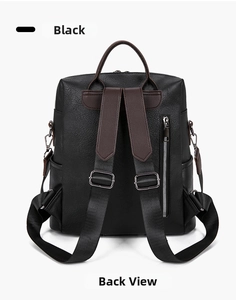 Detailed back view of black PU leather backpack with anti-theft zipper and brown straps