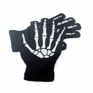 Knitted full finger gloves with white skeleton bone pattern for Halloween costume