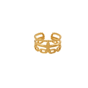 Detail of gold-plated open ring featuring triple-layer embossed stars and hollow patterns
