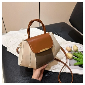 Detail of contrast color crossbody bag with gold hardware and removable leather strap