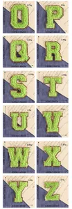 Size chart for green chenille letter patches with gold glitter edges from letters O to Z